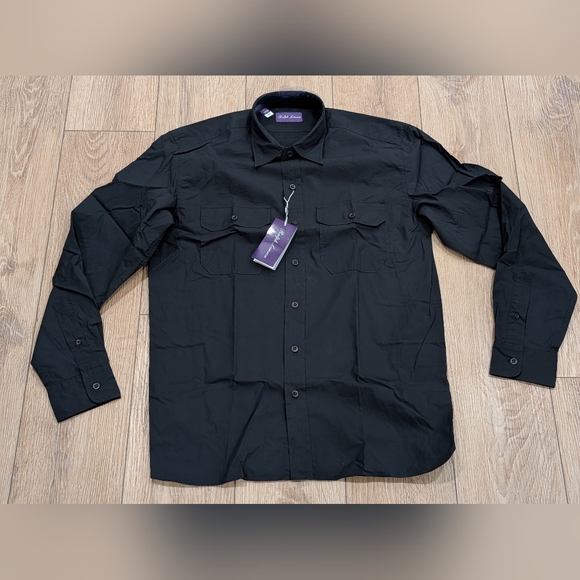 $595 Ralph Lauren Purple Label Sueded Poplin LS Button Up Shirt Black Large